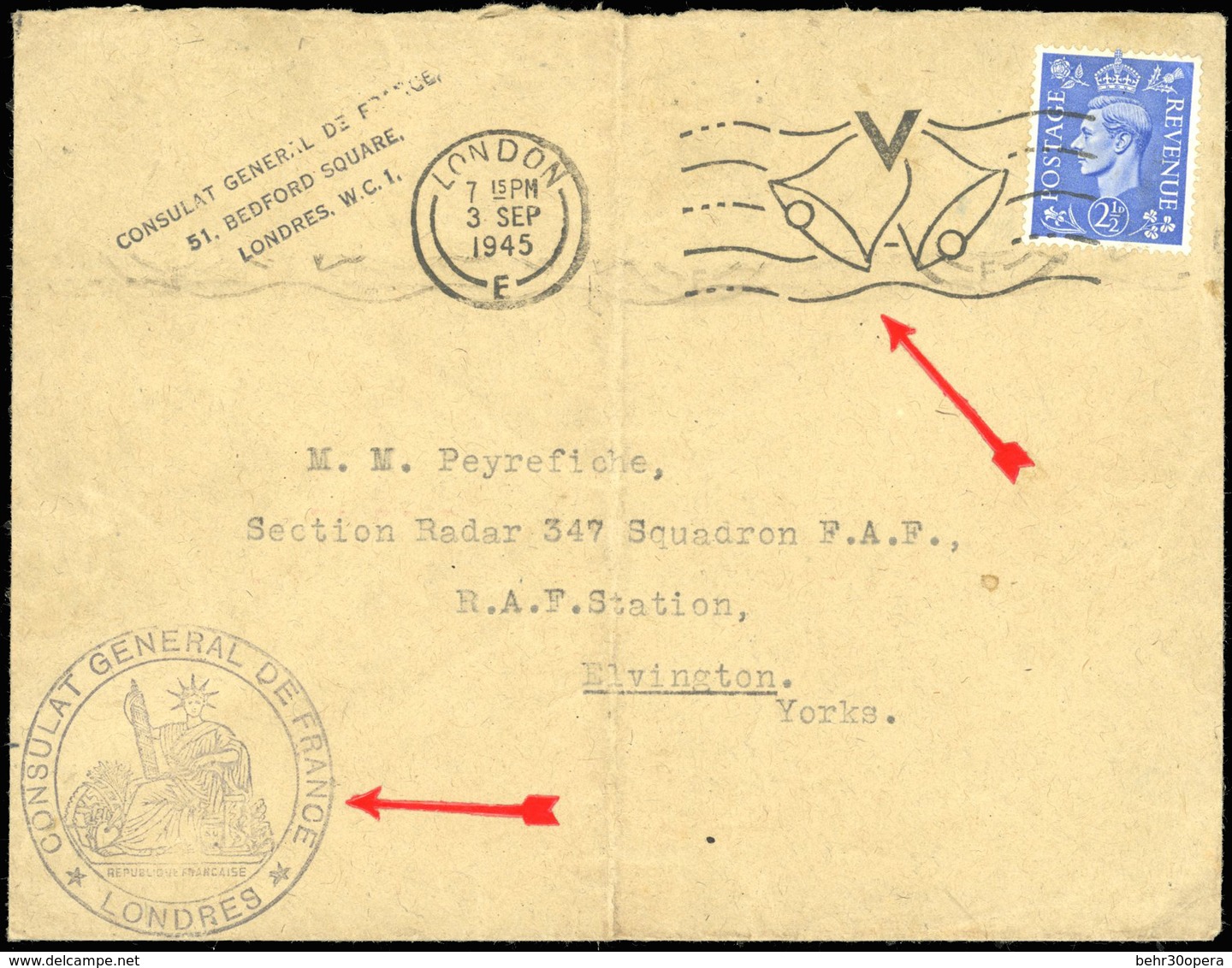 O Lettre Du Consulat Général De France à Londres, Affranchie Du Timbre Anglais N° 213, Obl. Cloches De La Victoire, Frap - Oorlogszegels