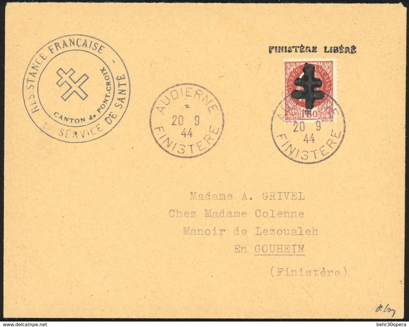 O AUDIERNE. 1F.50 Brun, Type I, Obl. S/lettre Frappée Du CàD D'AUDIERNE Du 20 Septembre 1944 à Destination De GOUHEIN -  - Befreiung