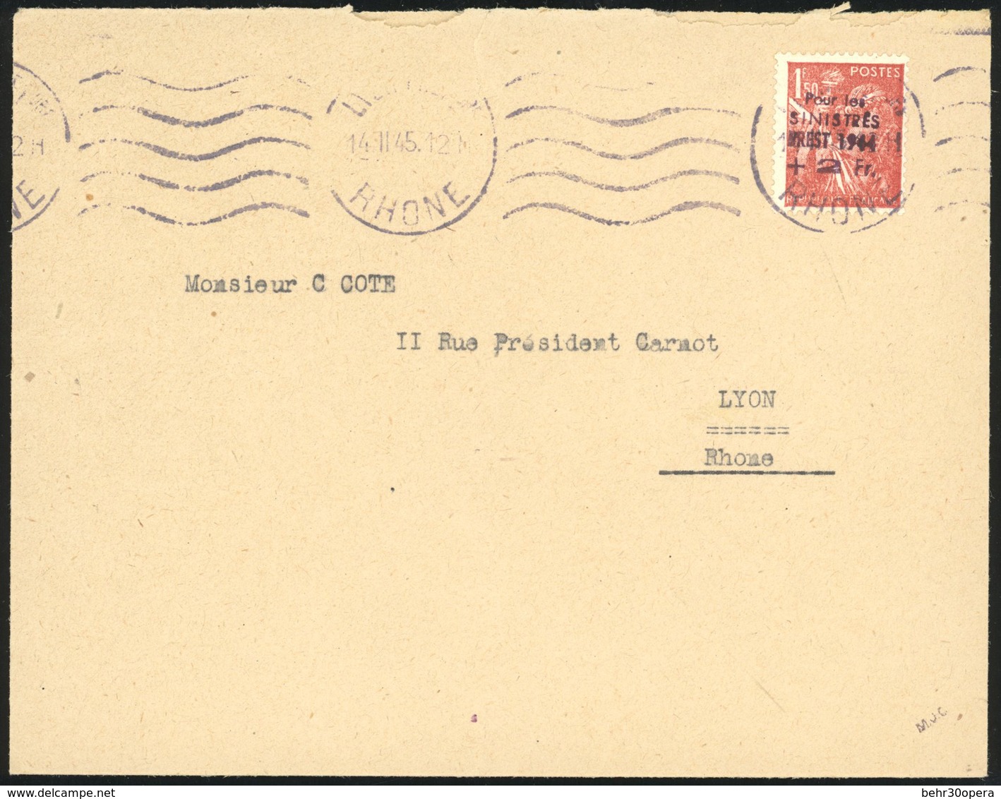 O BREST. 1F.50 Iris, Type I, Obl. S/lettre Frappée Du CàD Du 14 Novembre 1945 à Destination De LYON. TB. - Befreiung