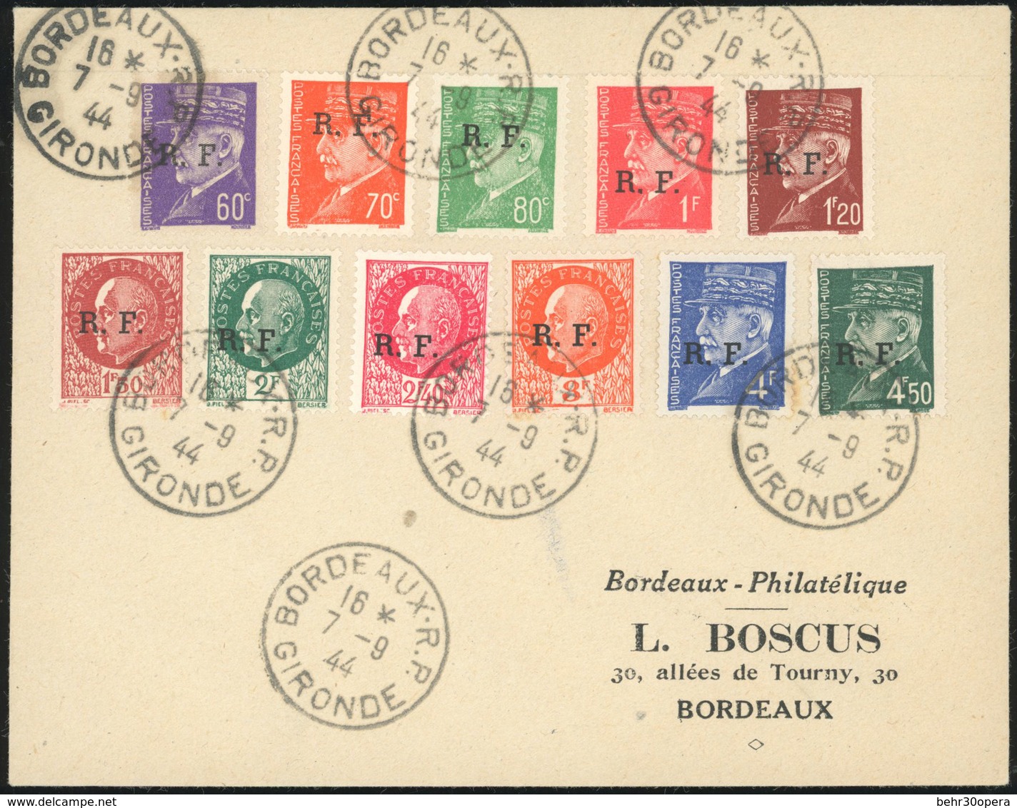 O BORDEAUX. 11 Valeurs, Type II, Obl. S/lettre Locale Frappée Du CàD De BORDEAUX Du 7 Septembre 1944. SUP. - Bevrijding