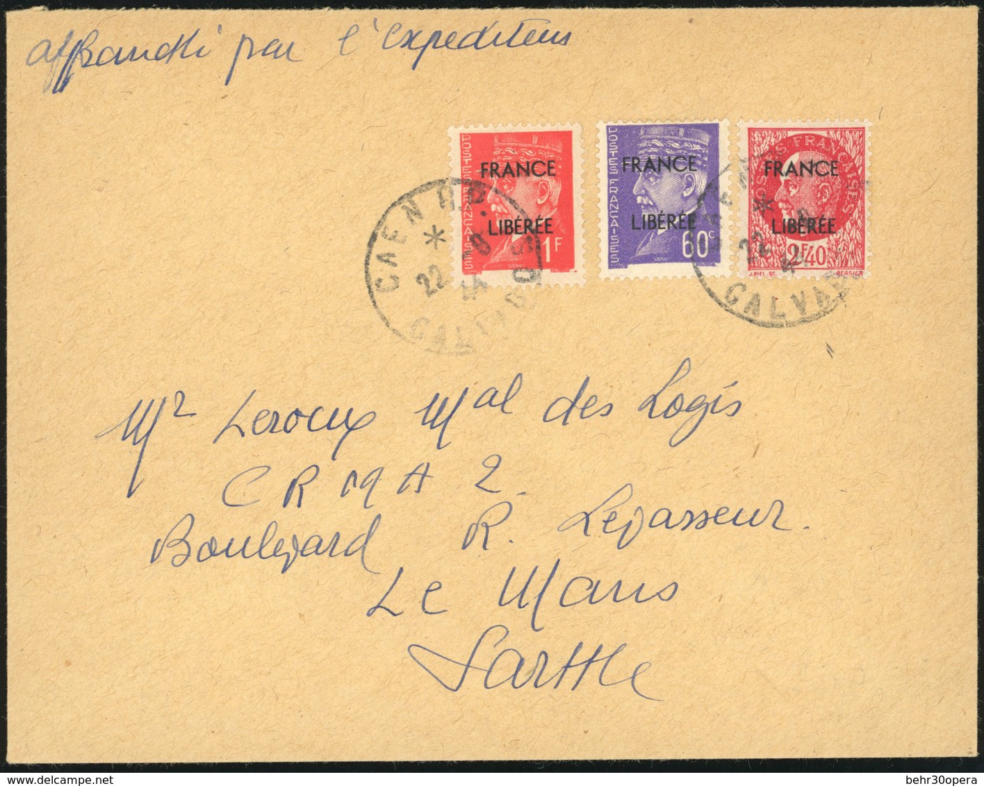 O CAEN. 2 Lettres. 60c. Violet + 1F. Rouge + 2F.40 Rouge Obl. S/lettre Frappée Du CàD De CAEN Du 22 Août 1944 à Destinat - Befreiung