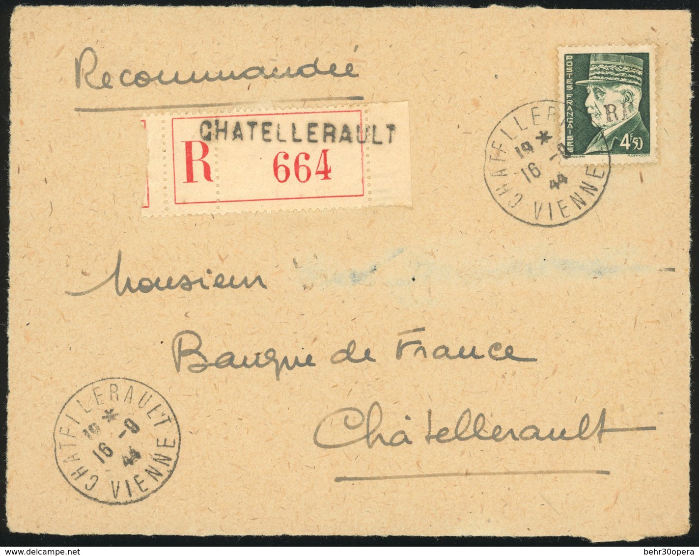 O CHATELLERAULT. 4F.50 Vert Gravé Obl. S/devant De Lettre Locale Recommandée Frappée Du CàD De CHATELLERAULT Du 16 Septe - Befreiung