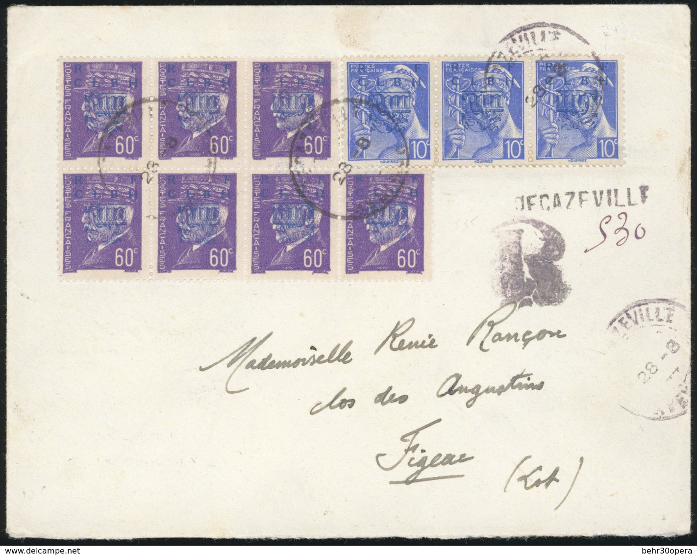 O DECAZEVILLE. Bande De 3 Du 10c. Bleu + Bloc De 7 Du 60c. Violet Obl. S/lettre Frappée Du CàD De DECAZEVILLE Du 28 Août - Befreiung