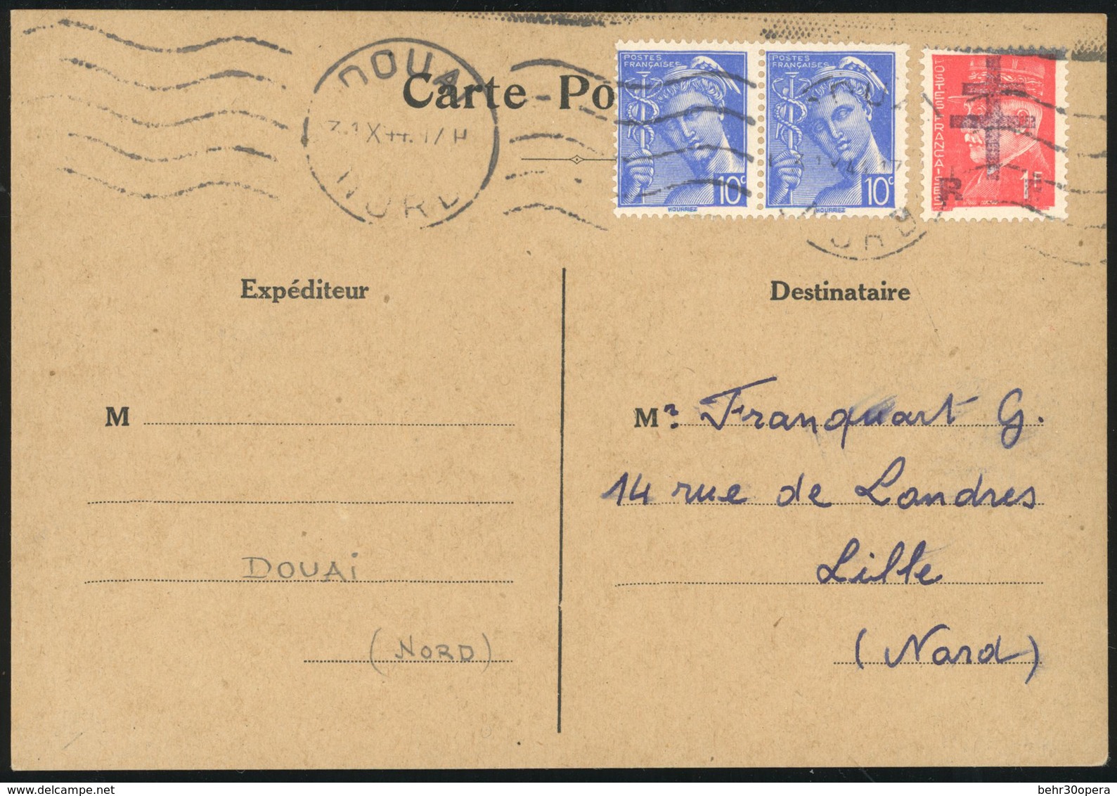 O DOUAI. 1F.50 Obl. S/lettre Locale Frappée Du CàD De DOUAI Du 30 Octobre 1944 + 1F. Rouge Obl. S/carte Postale Frappée  - Bevrijding