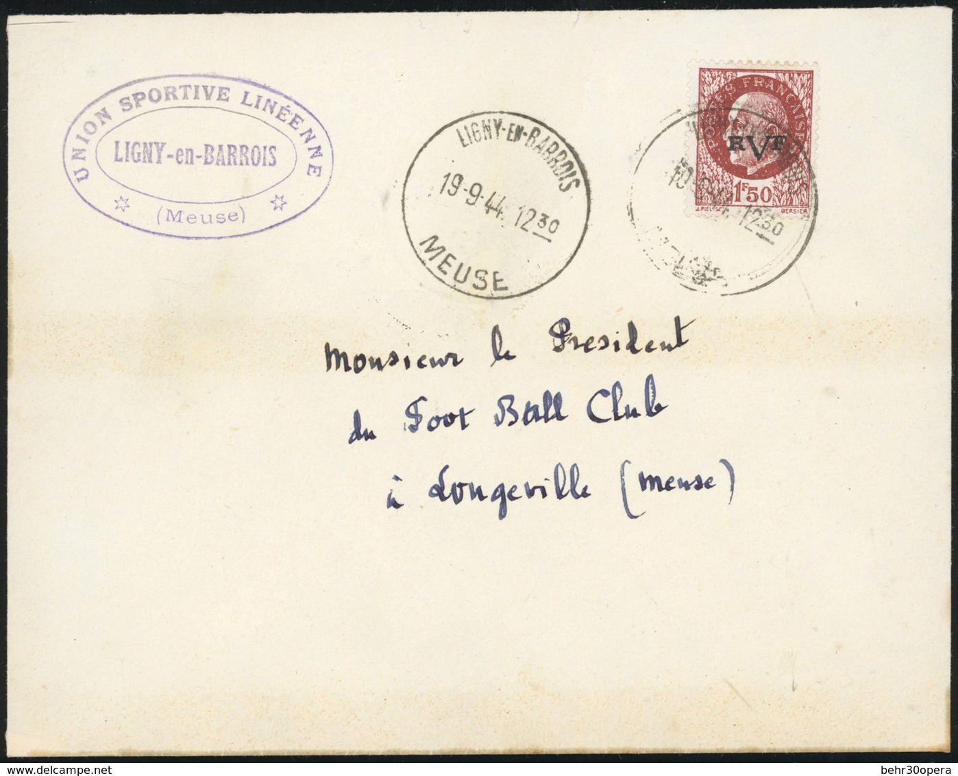 O LIGNY-EN-BARROIS. 1F.50, Type I Obl. S/lettre Frappée Du CàD De LIGNY Du 19 Septembre 1944 à Destination De LONGEVILLE - Bevrijding