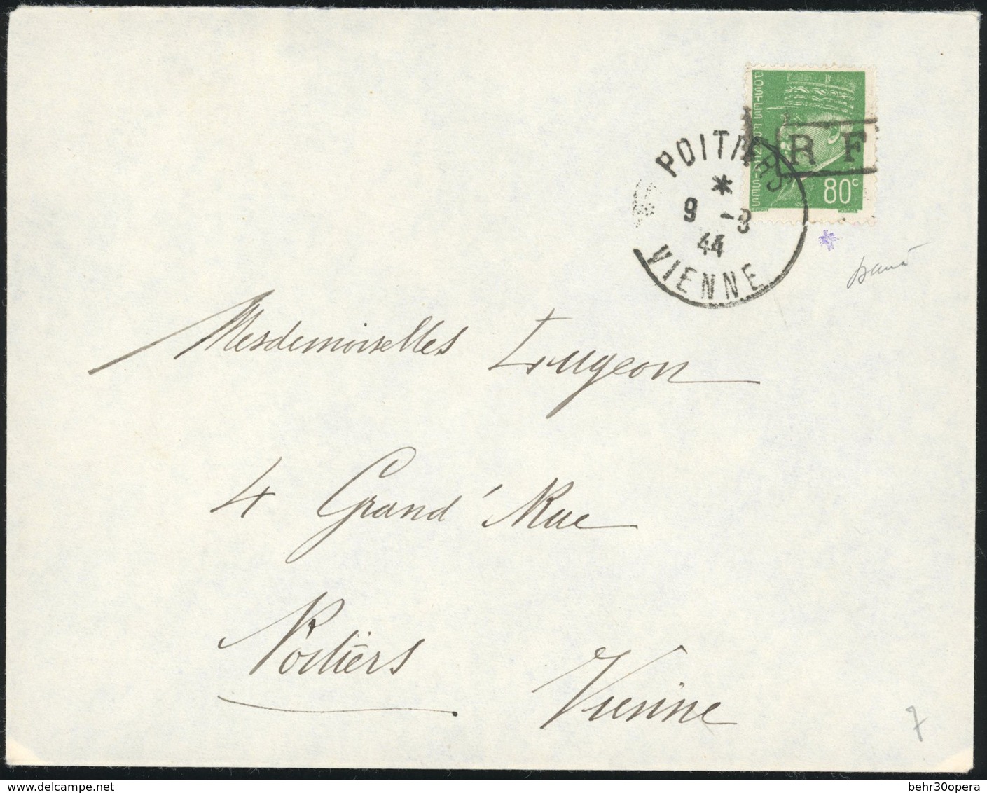 O POITIERS. 80c. Vert, Surcharge Type II, Obl. S/lettre Locale De POITIERS Du 9 Août 1944. TB. - Bevrijding