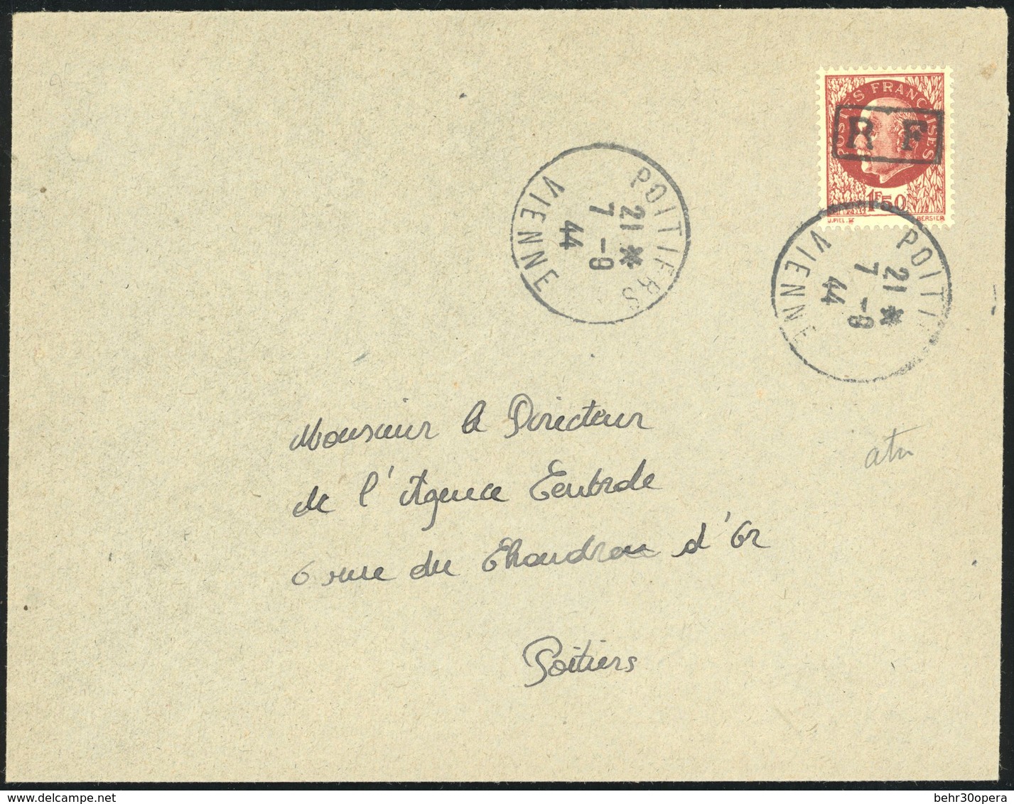 O POITIERS. 1F.50 Brun-rouge,type II, Obl. S/lettre Locale Frappée Du CàD De POITIERS Du 7 Septembre 1944. TB. - Bevrijding