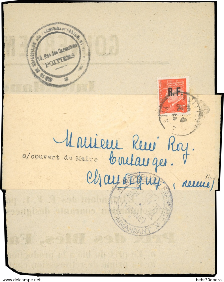 O POITIERS. 70c. Orange, Type IV, Obl. S/fragment D'Avis Frappée Du CàD De POITIERS Du 13 Septembre 1944 Et Du Grand Cac - Bevrijding