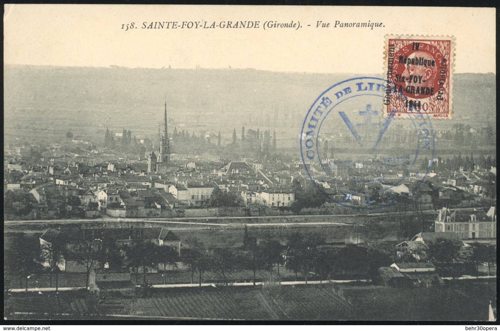 O SAINTE-FOY LA GRANDE. 1F.50 Brun-rouge, Type III, Obl. S/carte Locale Frappée Du Grand Cachet Bleu ''COMITE DE LIBERAT - Bevrijding