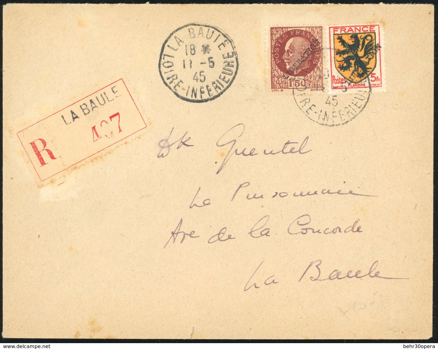 O ST-NAZAIRE. 1F.50 Pétain Brun-rouge + Armoiries 5F. Flandres Surcharge ''LIBERATION'' S/lettre Locale Recommandée Frap - Bevrijding