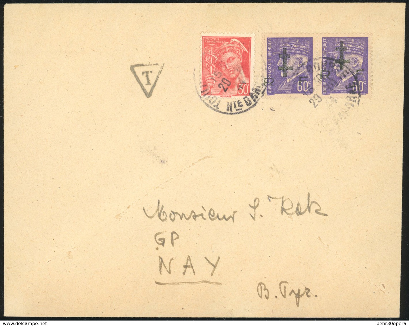 O Paire Du 60c. Violet, Obl. S/lettre Frappée Du CàD De TOULOUSE Du 20 Octobre 1944 à Destination De NAY. Cachet D'arriv - Bevrijding