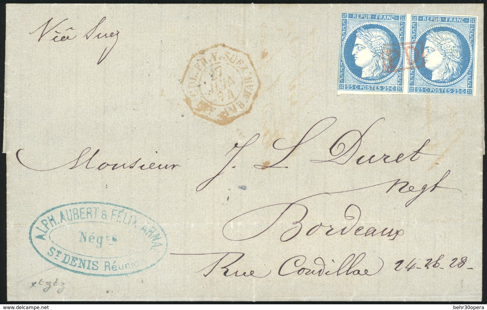 O Paire Du 25c. Bleu (déf.) S/lettre Manuscrite De ST-DENIS REUNION Du 23 Mai 1874 à Destination De BORDEAUX. Cachet Oct - Sonstige & Ohne Zuordnung