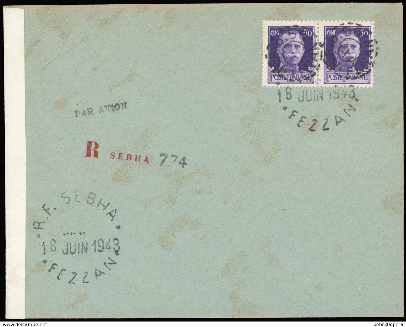 O Paire Du 0,50 S/0,50c. Violet, Obl. S/lettre Recommandée Frappée Du CàD De R.F. SEBHA - FEZZAN Du 18 Juin 1943. SUP. - Andere & Zonder Classificatie