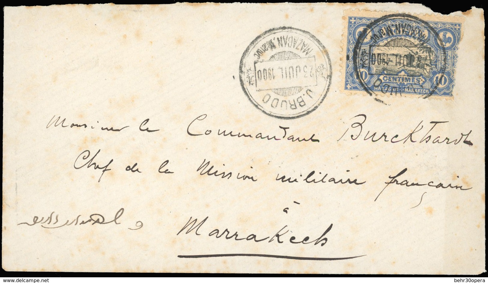 O 10c. Bleu Obl. Sur Lettre Frappée Du CàD De J.BRUDO - MAZAGAN Du 23 JUILLET 1900 à Destination De MARRAKECH. Arrivée L - Andere & Zonder Classificatie