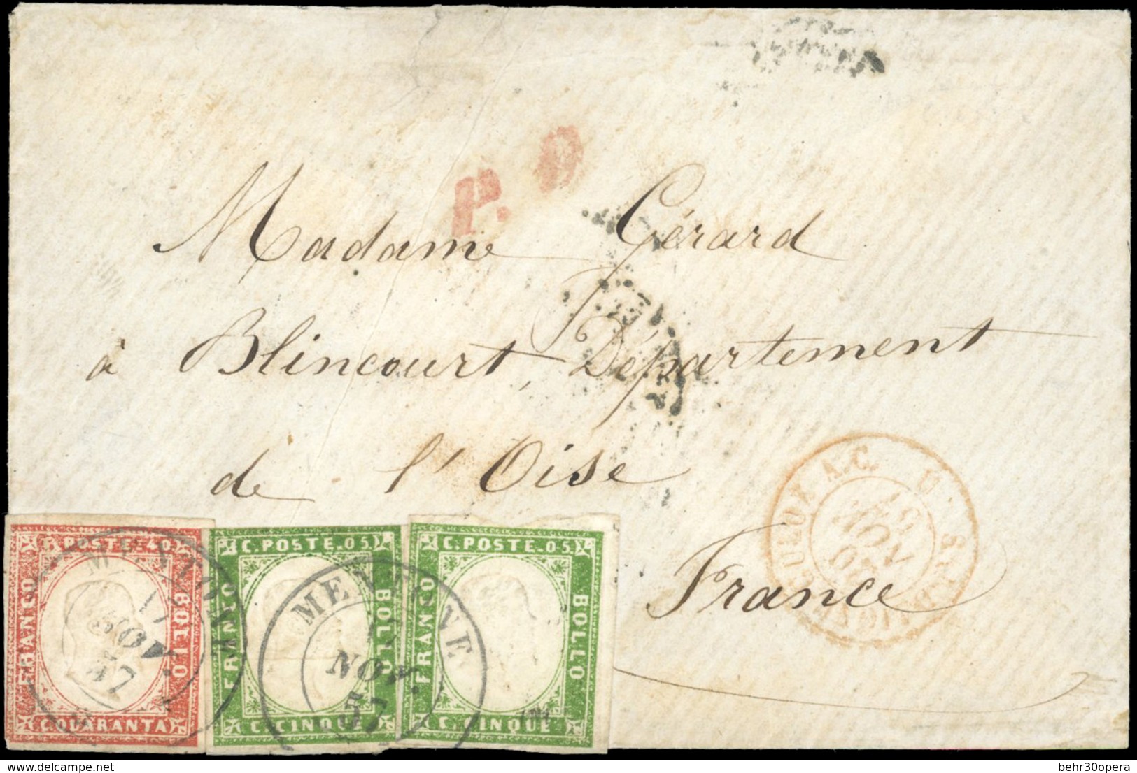 O Timbres De SARDAIGNE, 5c. Vert-jaune X 2 + 40c. Rouge Obl. S/lettre Frappée Du CàD De MENTONE Du 17 Novembre 1857 à De - Andere & Zonder Classificatie