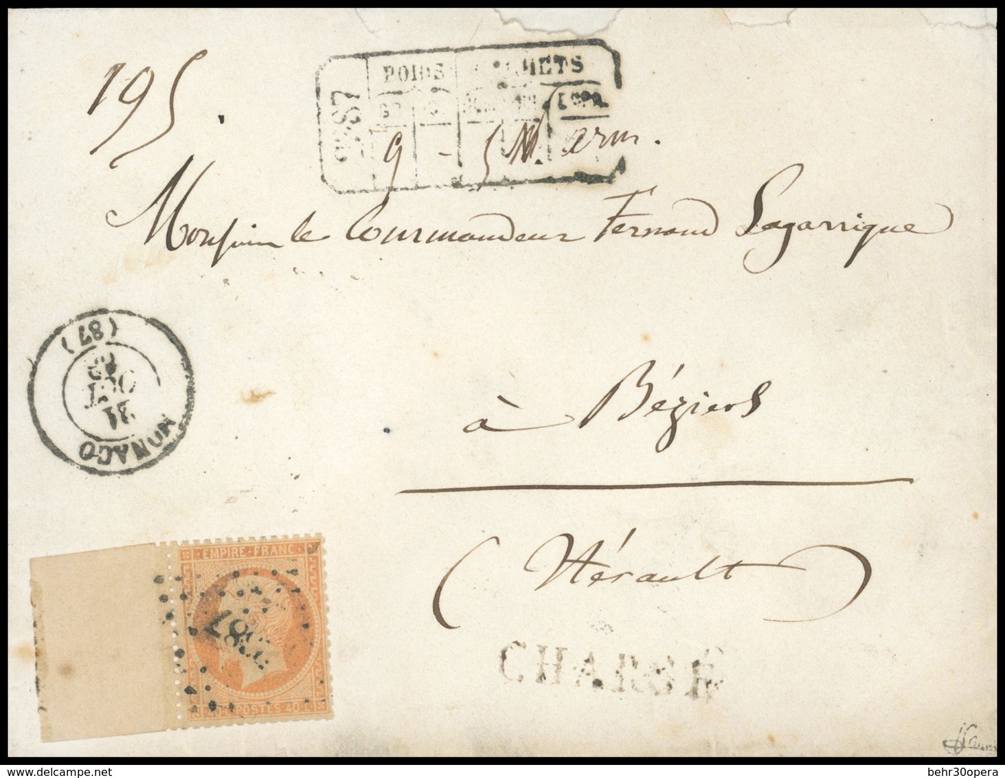 O Timbre De FRANCE N°23, 40c. Orange Obl. PC 2387 S/lettre Chargée, Frappée Du CàD De MONACO Du 21 Octobre 1868 à Destin - Andere & Zonder Classificatie