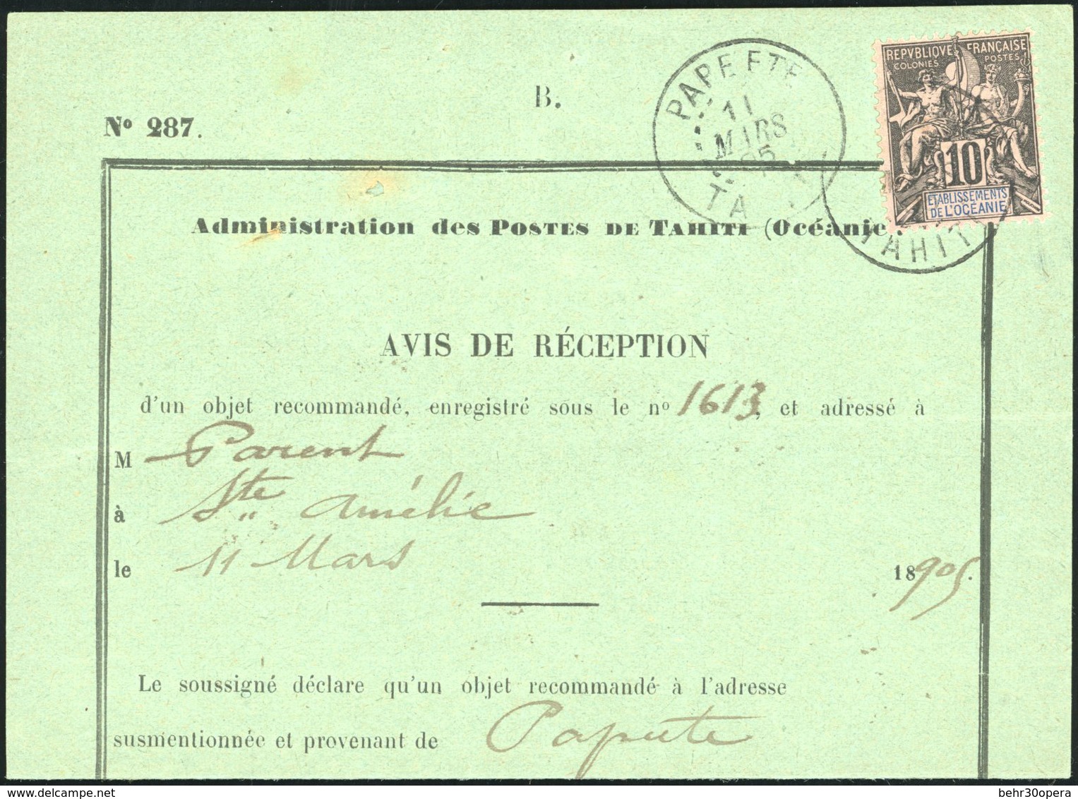 O 10c. S/document Des Administrations Des Postes Frappé Du CàD De PAPEETE Du 11 Mars 1905 à Destination De STE-AMELIE. T - Andere & Zonder Classificatie