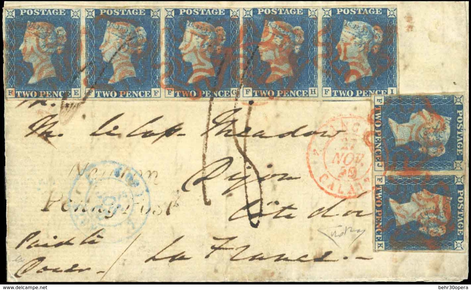 O 1840. Entire Letter Ro Dijon. Franked With Horizontal Strip Of 5 And Pair 2d. Blue. Plate 1. Lettered FE-FI, FJ-FK. Ca - Andere & Zonder Classificatie
