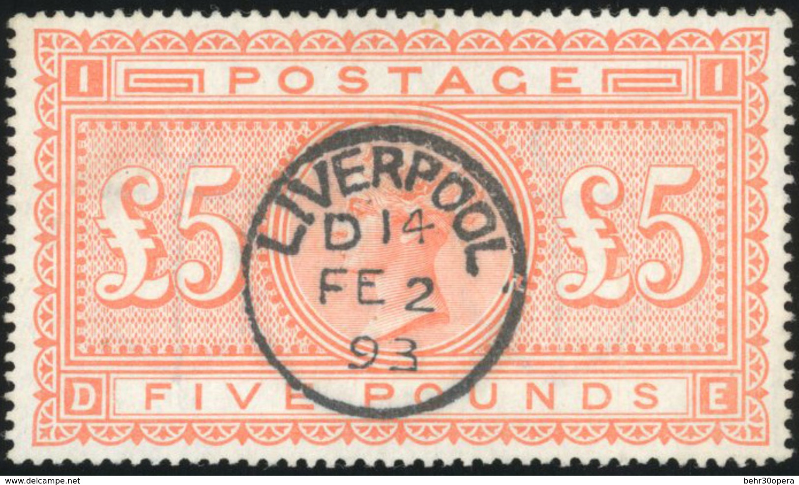 O 1884. 5£. Orange. White Paper. Wmk. Anchor. Perf.14. Used. Cancelled By Superb 'Liverpool' Cds. Is Genuine. - Andere & Zonder Classificatie