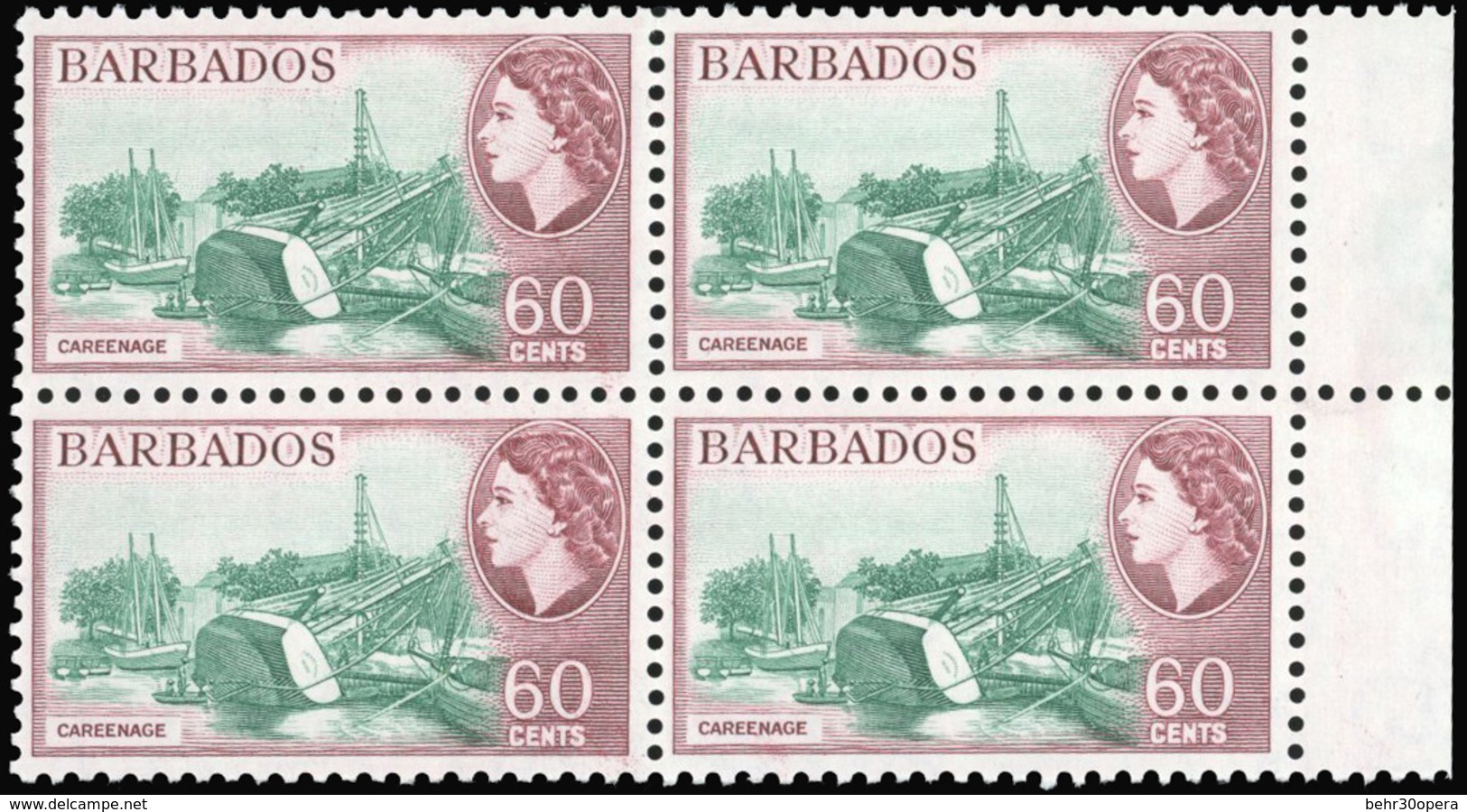 ** 60c. Dull-green And Pale Maroon. Block Of 4. The Right On The Sheet. SUP. - Barbados (...-1966)