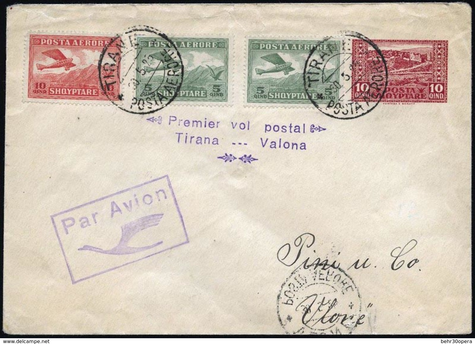 O 5q. X 2 + 10q. Obl. CàD TIRANE 30.5.25. Sur Entier Postal (TP N°122) Frappé De La Griffe 1er Vol TIRANA-VALONA. SUP. - Albanië