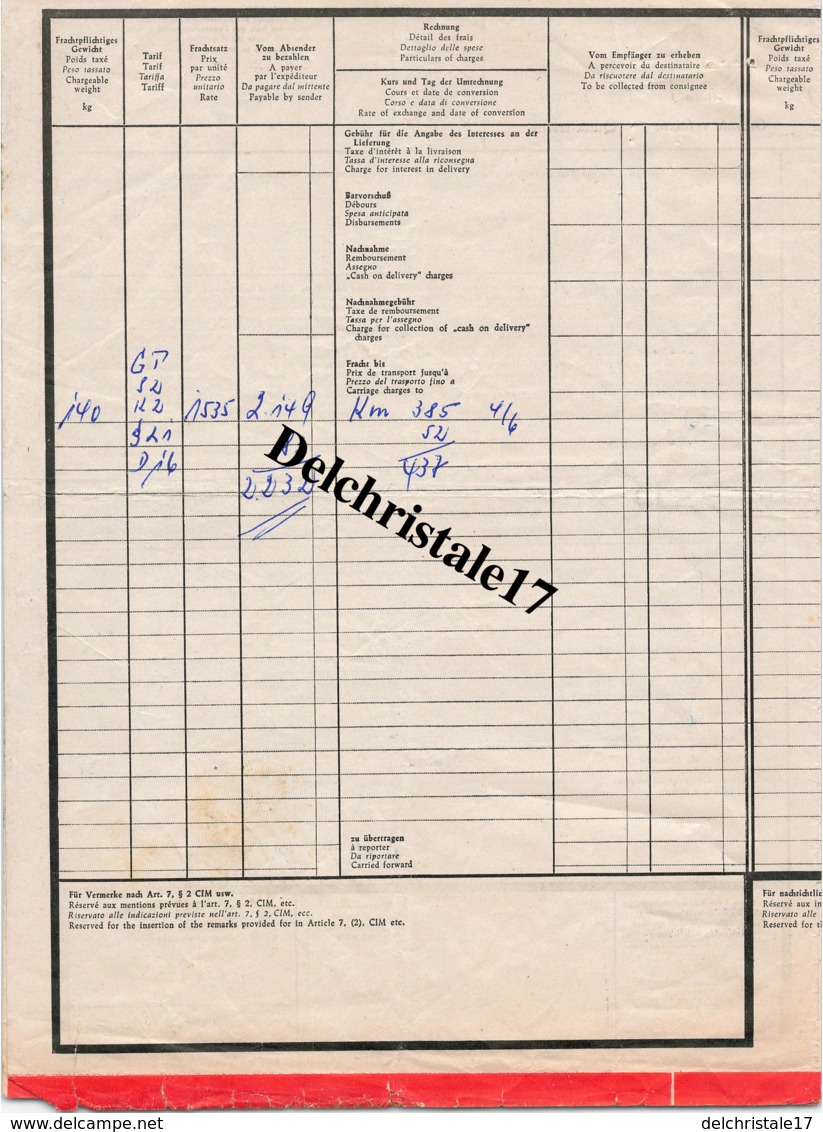 96 0016 LIMBACH PRÈS DE HOMBURG (SARRE) 1957 LETTRE DE VOITURE GRANDE VITESSE TRANSPORT INTERNATIONAL PAR CHEMIN DE FER - 1950 - ...