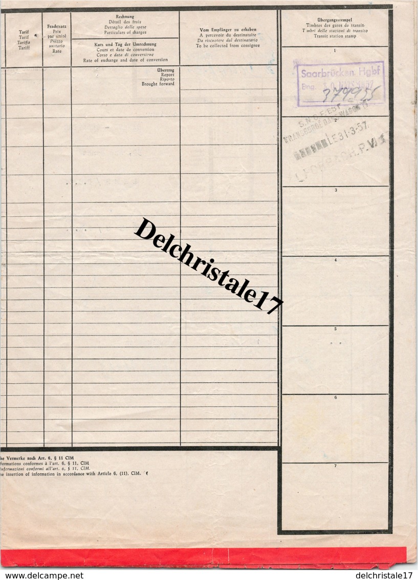 96 0016 LIMBACH PRÈS DE HOMBURG (SARRE) 1957 LETTRE DE VOITURE GRANDE VITESSE TRANSPORT INTERNATIONAL PAR CHEMIN DE FER - 1950 - ...