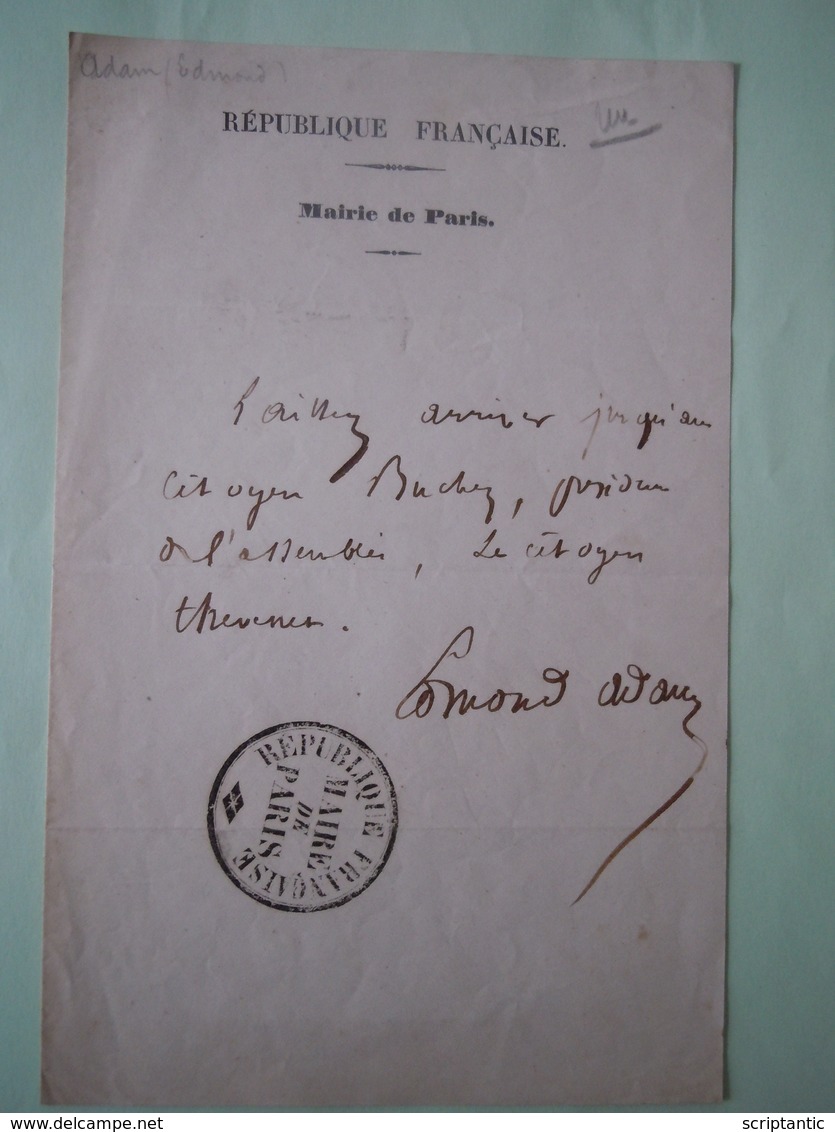 RARE LAISSEZ PASSER Edmond ADAM(1816-1877) ASSEMBLEE CONSTITUANTE 1848 BUCHEZ - Autres & Non Classés