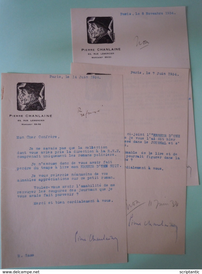 3 Lettres Dactylographiées Signées Datées De 1934 Pierre CHANLAINE (1885-1969) Adressées à Maurice SACHS (1906-1945) - Andere & Zonder Classificatie