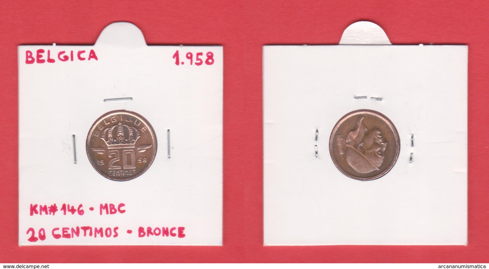 BELGICA  20  CENTIMOS  1.958   BRONCE  KM# 146  MBC  / VF    DL-12.398 - 20 Cents