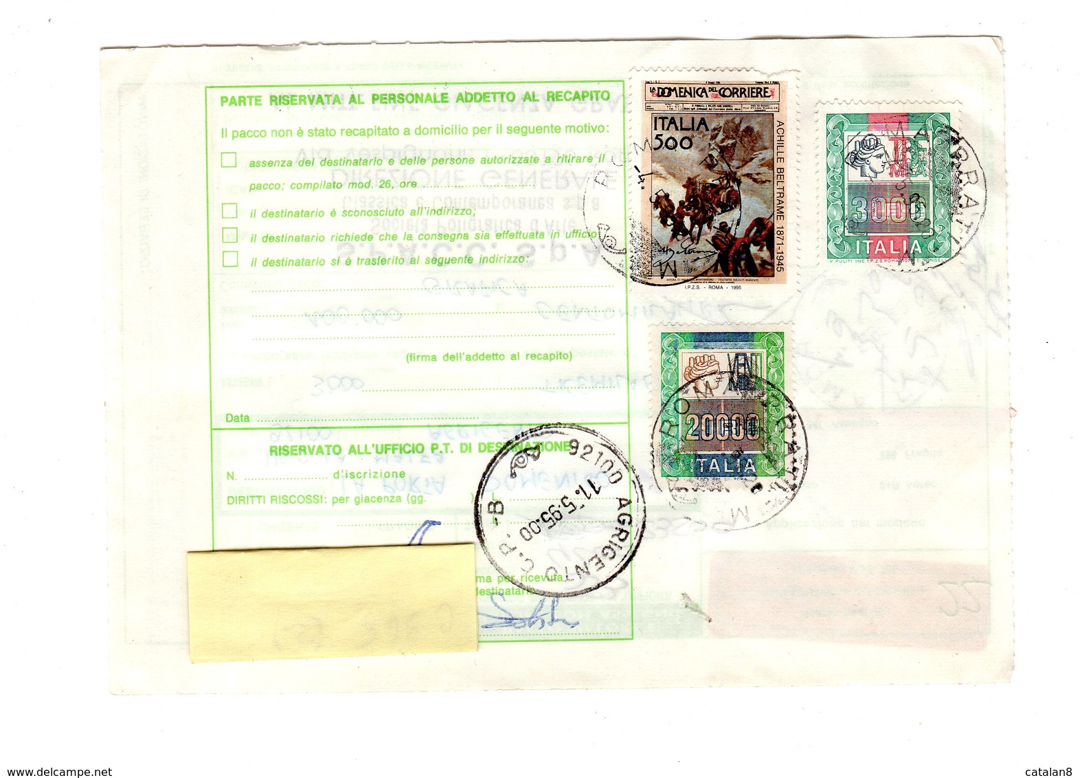 P0408 STORIA POSTALE BOLLETTINO SPEDIZIONE PACCHI ALTI VALORI L.20.000 + L. 3.000 + DOMENICA DEL CORRIERE L. 500 - 1991-00: Storia Postale