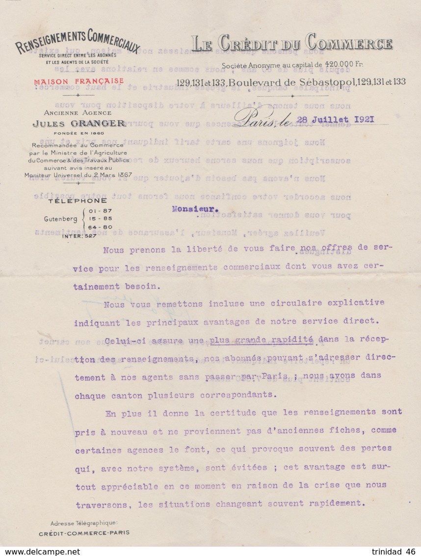 PARIS 75 ( LE CREDIT DU COMMERCE ANCIENNEMENT JULES GRANGER ) BOULEVARD SEBASTOPOL COURRIER DE 1921 - Ohne Zuordnung