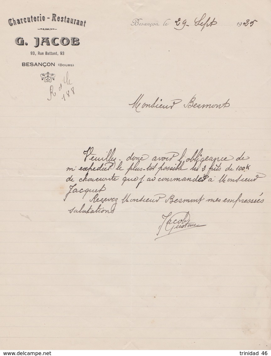 BESANCON 25 ( G JACOB CHARCUTERIE RESTAURANT 93 RUE BATTANT )  COURRIER DE 1925 - Non Classés