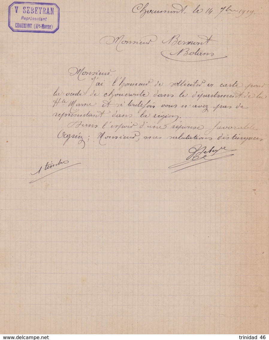 CHAUMONT 52   (  V SEBEYAN - REPRESENTANT DE COMMERCE  ) COURRIER DE 1919 - Unclassified