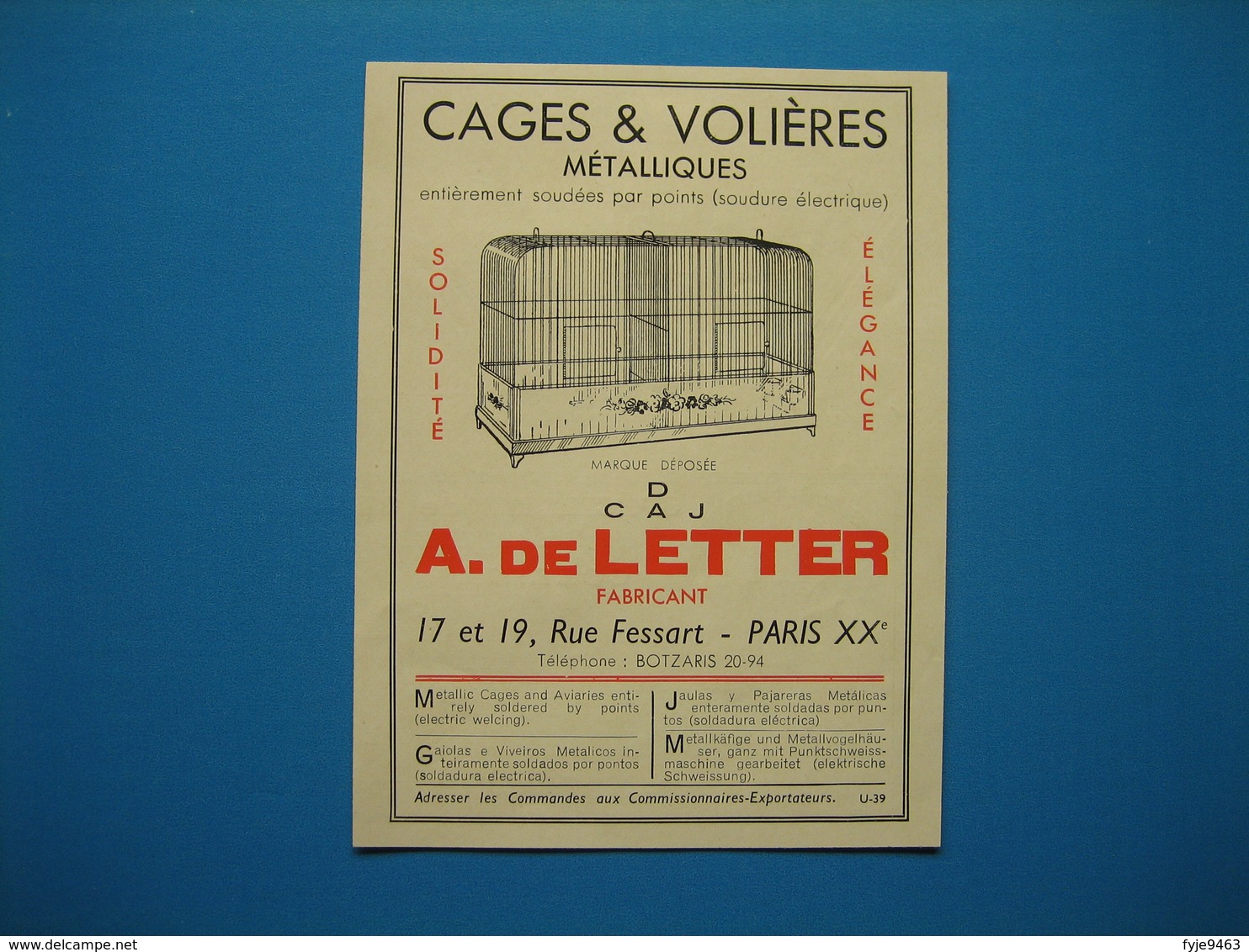 (1937) Cages & Volières Métalliques - A. DE LETTER - Rue Fessart à Paris - Unclassified