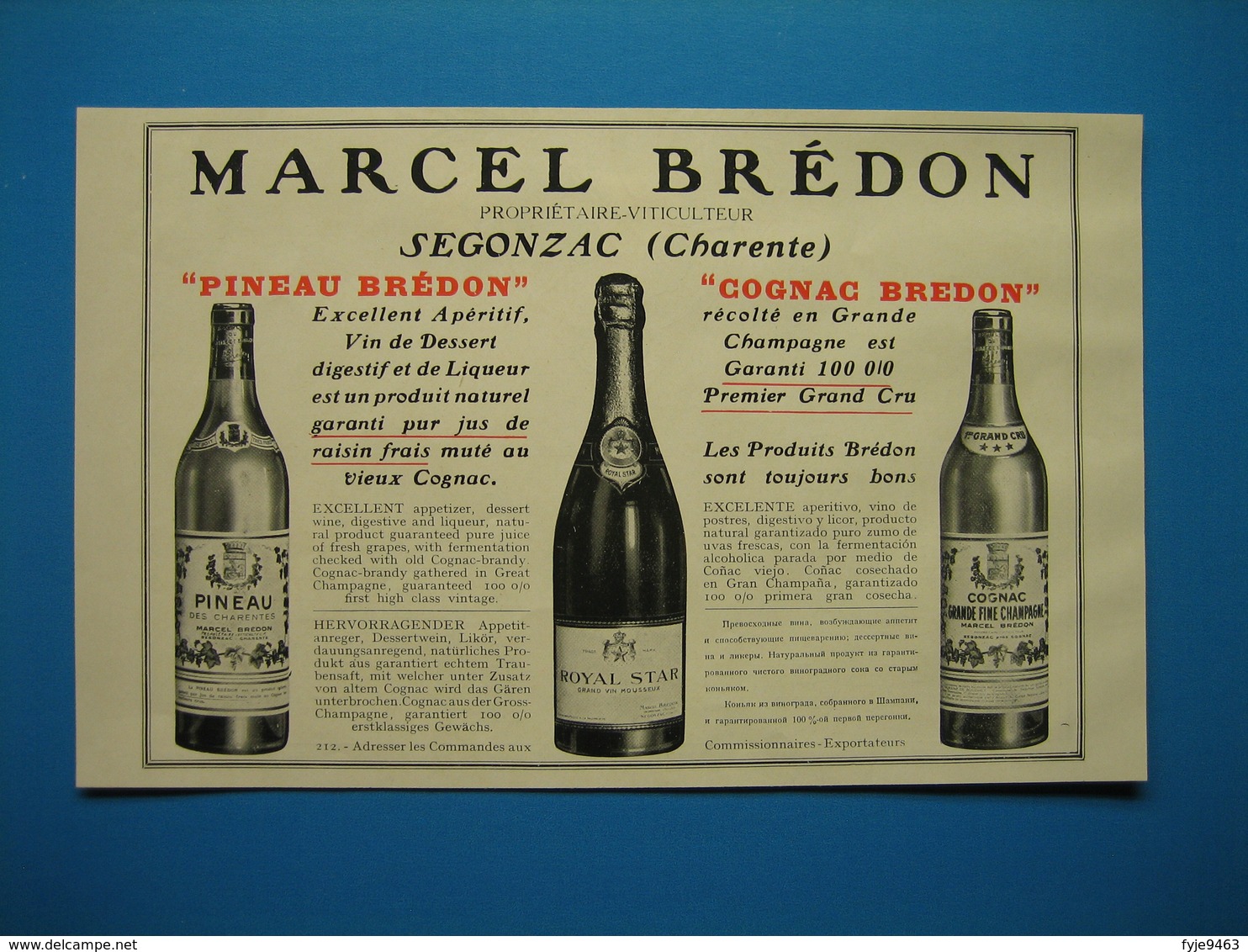 (1937) Pineau, Vin Mousseux, Cognac - MARCEL BRÉDON - Segonzac (Charente) - Non Classés