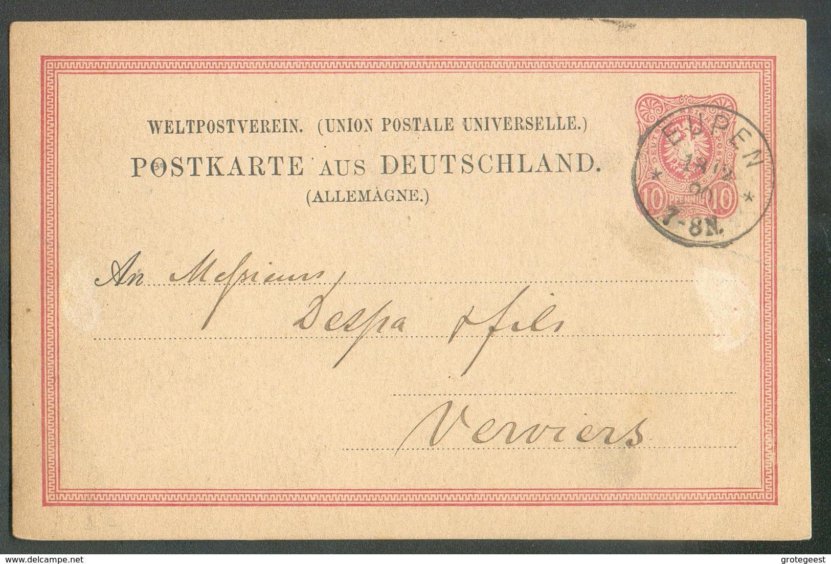 CANTONS De L'EST - ALLEMAGNE (Conf.) E.P. Carte 10pfg, Obl. Sc EUPEN 18/12 1880 Vers VERVIERS - Verso : Sc ALLEMAGNE PAR - Transit Offices