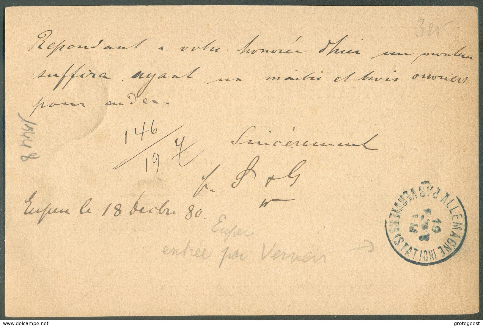 CANTONS De L'EST - ALLEMAGNE (Conf.) E.P. Carte 10pfg, Obl. Sc EUPEN 18/12 1880 Vers VERVIERS - Verso : Sc ALLEMAGNE PAR - Officinas De Paso