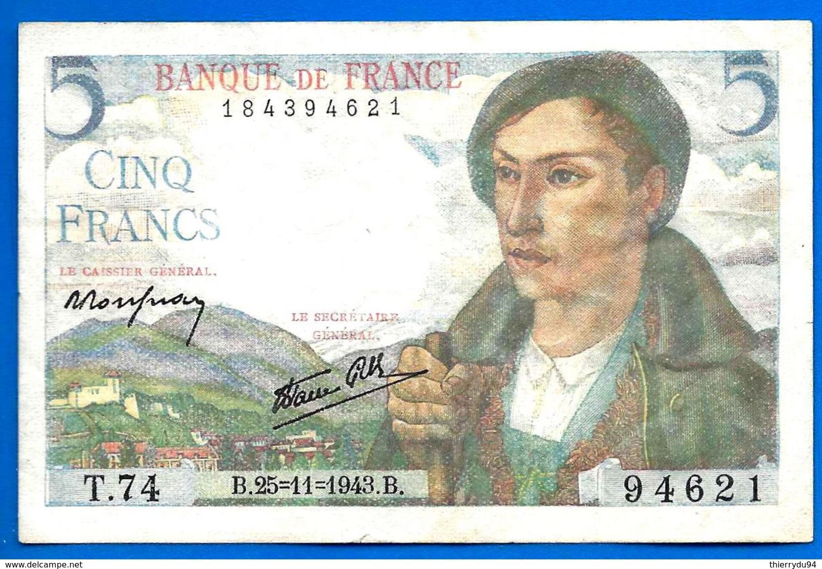 France 5 Francs 1943 25 Novembre T 74 Frcs Frc Que Prix + Port Berger Europe Billet Bitcoin Paypal OK - 5 F 1943-1947 ''Berger''