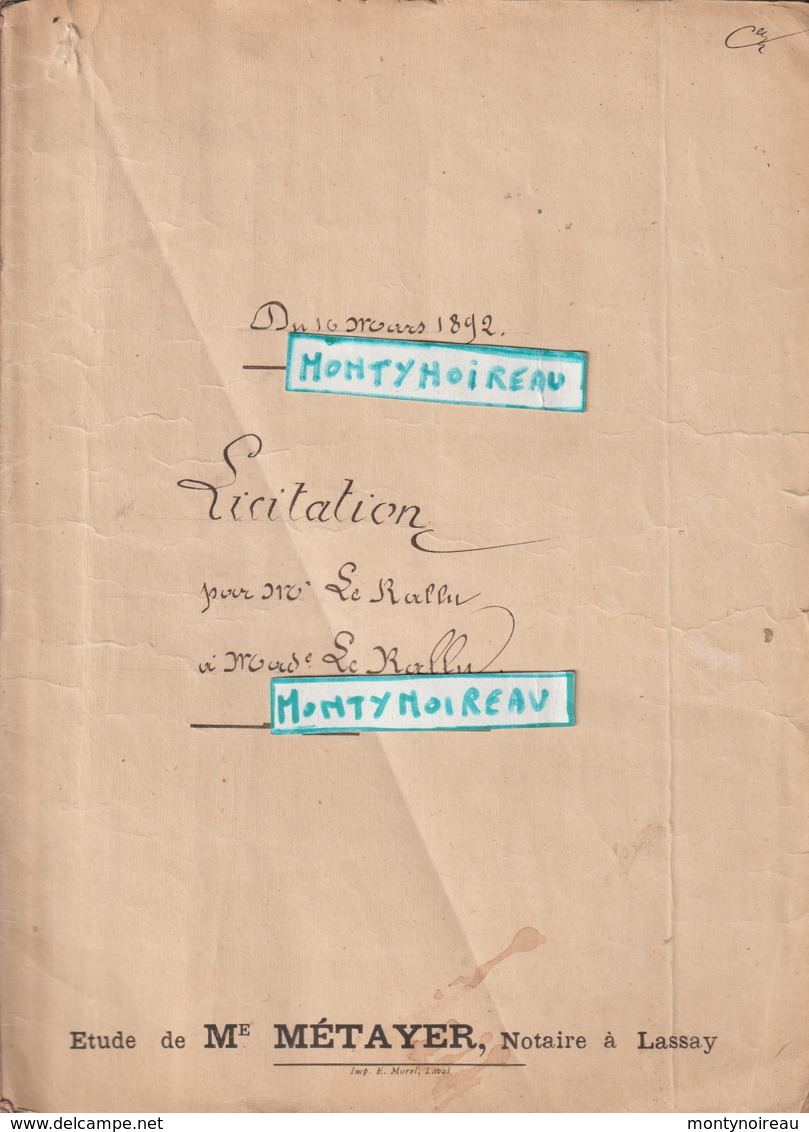 Vieux  Papier  : Acte Notaire : Mayenne à  LASSAY    1892, Imp Laval ; - Non Classés