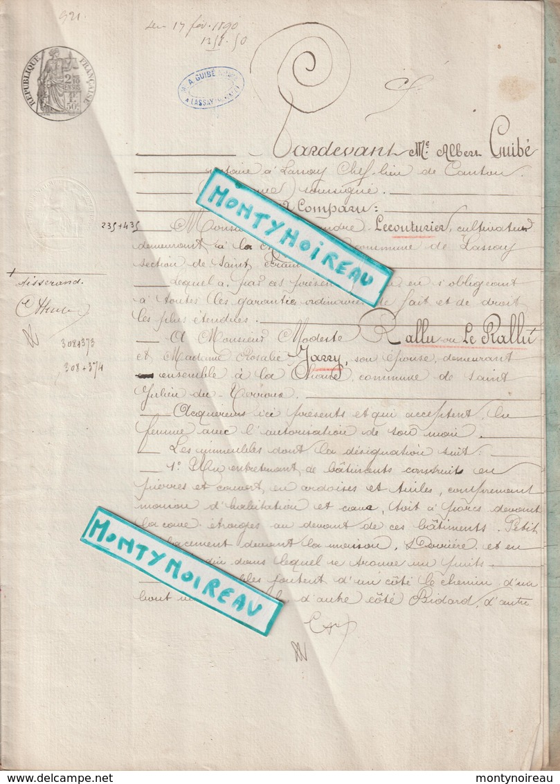 Vieux  Papier  : Acte Notaire : , Lassay , Mayenne 1889 , Saint Julien Du Terroux - Non Classés