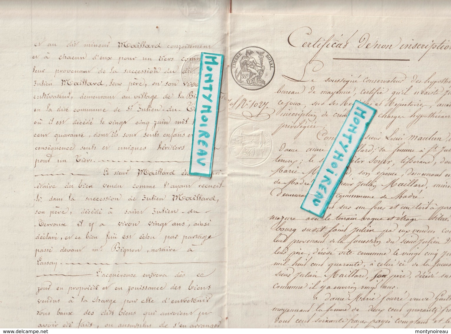 Vieux  Papier  : Acte Notaire : Orne   Couterne  Arrond. De Domfront ,1842 , St Julien Du Terroux,mayenne - Non Classés