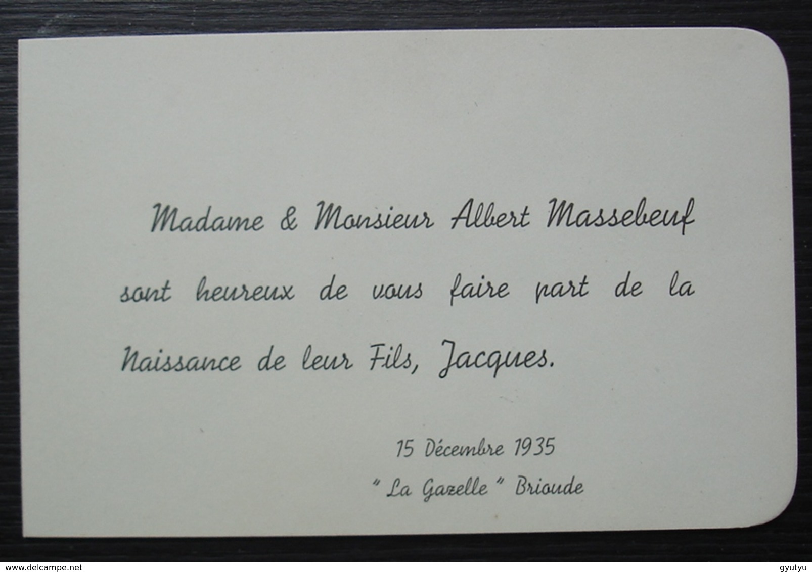 1935 Brioude Faire Part De Naissance De Jacques Massebeuf,  "La Gazelle" - Naissance & Baptême