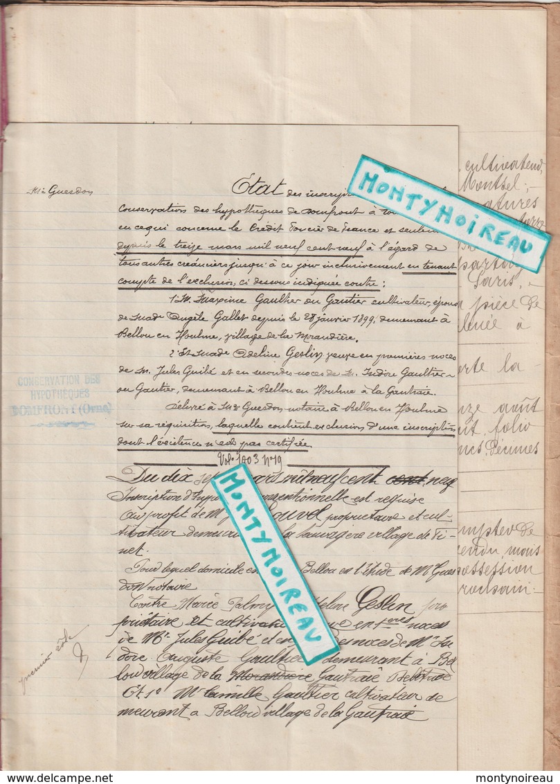 Vieux  Papier  : Acte Notaire :Orne, Bellou En Houlme Prés  Flers  1910,messei,la Morandière,saires La Verrerie - Non Classés