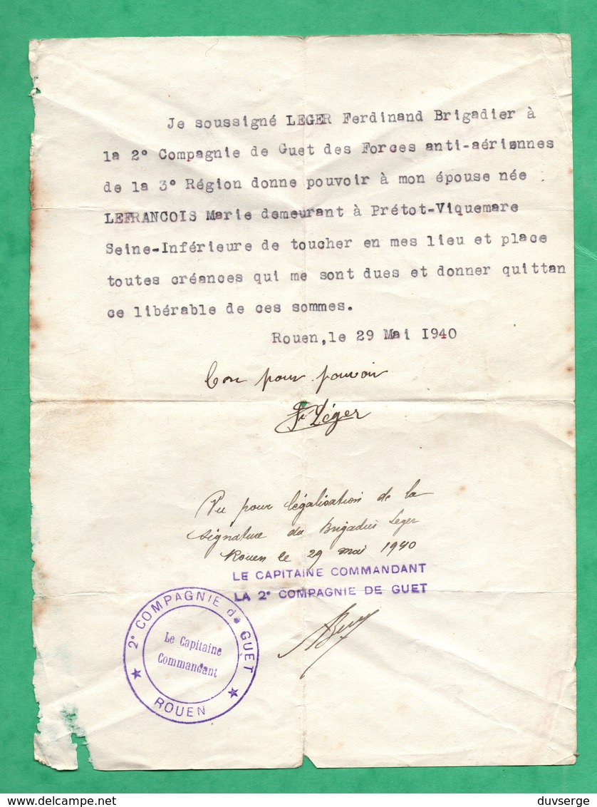 Document Militaire De Rouen Cachet 2eme Compagnie Du Guet Forces Anti Aeriennes  Pour Pretot Viquemare Format 15cmx20cm - Non Classés