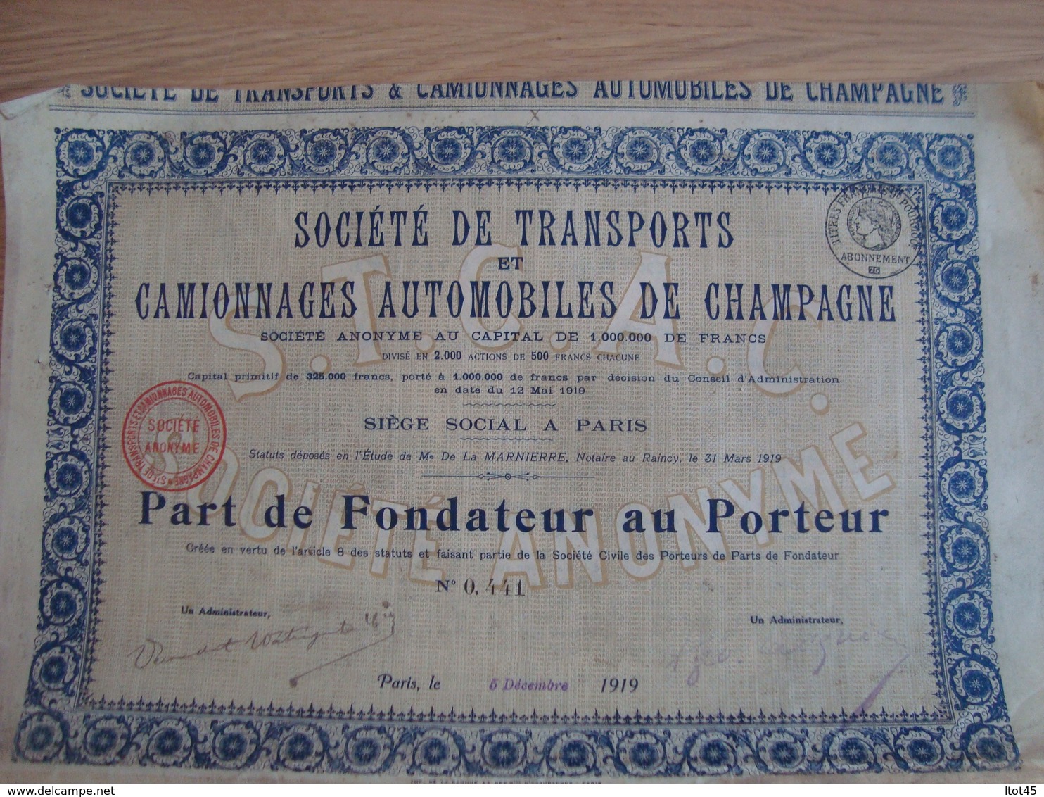 ACTION PART DE FONDATEUR AU PORTEUR TRANSPORTS CAMIONNAGES AUTOMOBILES DE CHAMPAGNE 1919 - Transport