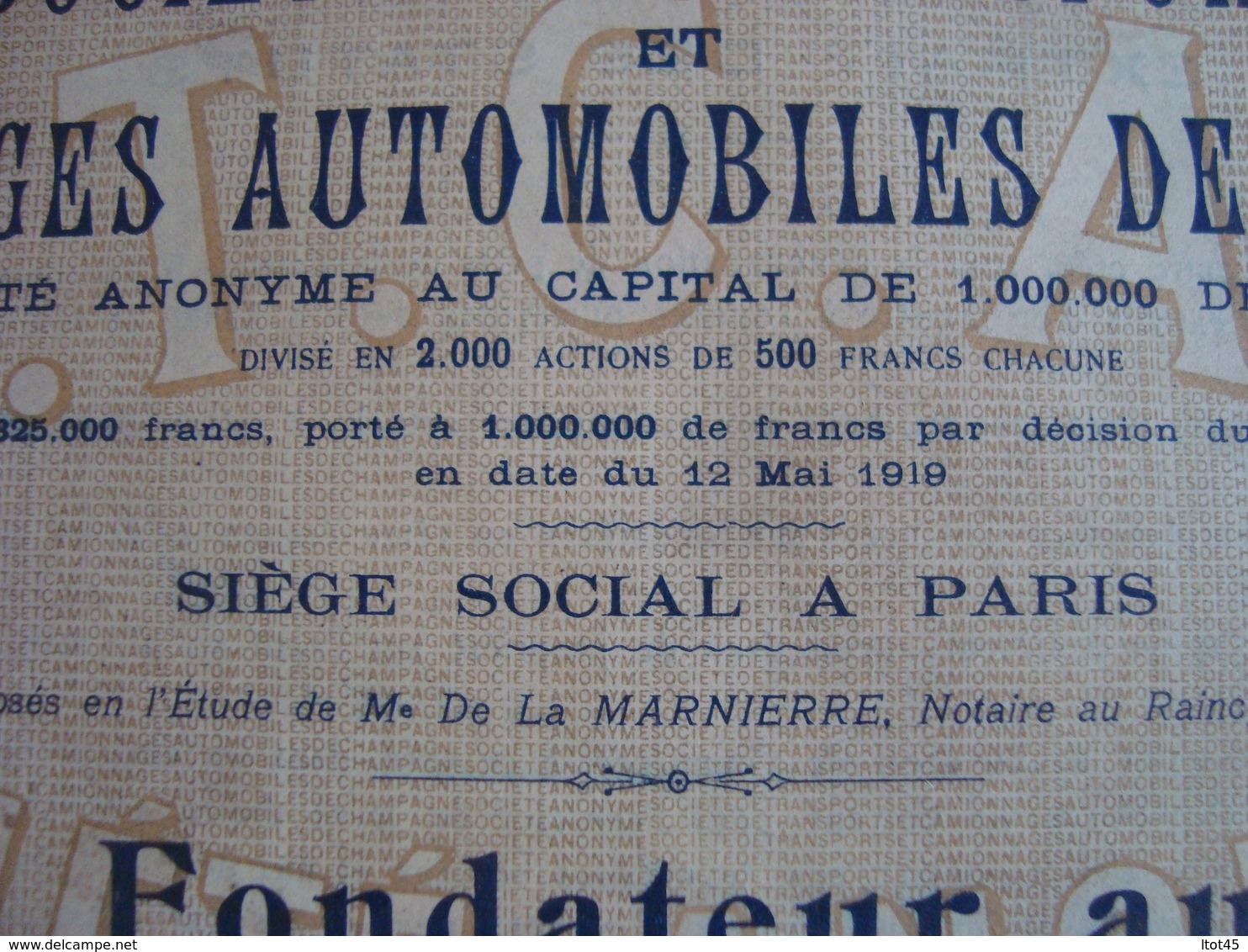 ACTION PART DE FONDATEUR AU PORTEUR TRANSPORTS CAMIONNAGES AUTOMOBILES DE CHAMPAGNE 1919 - Transportmiddelen