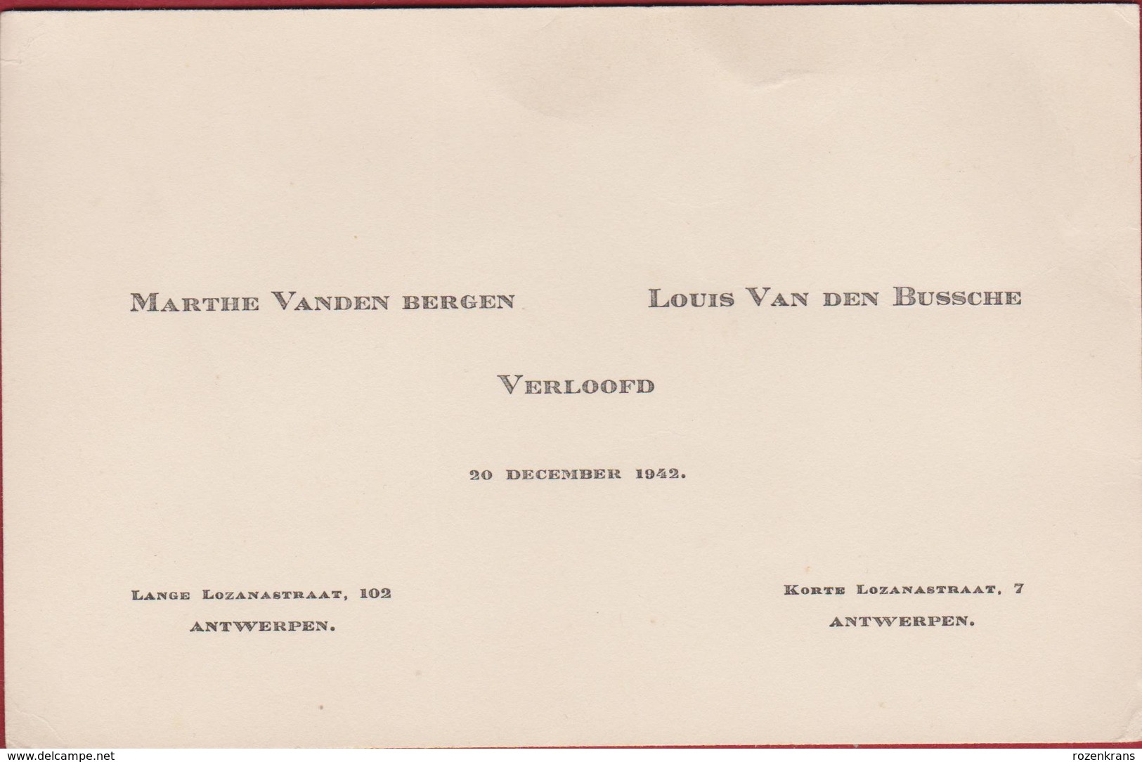 Verlovingskaart Faire-part De Fiançailles Verloving Verlobungs Kärtchen Vanden Bergen Bussche 1942 Antwerpen - Engagement