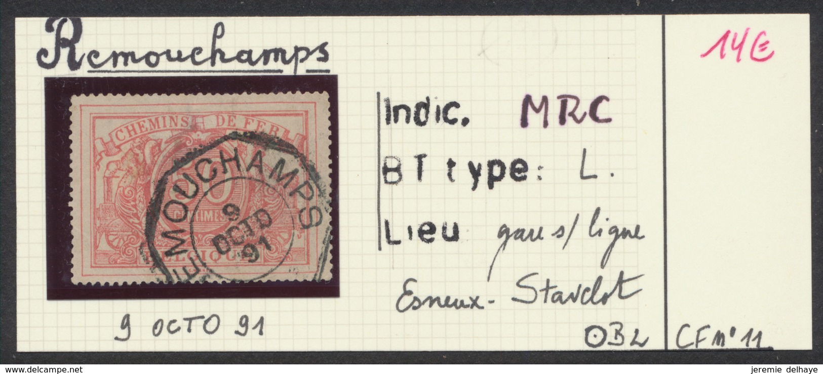 Chemin De Fer - TR11 Obl Télégraphique "Remouchamps" (1891). Ligne : Esneux - Stavelot / Telegraaf Op Spoorweg - Oblitérés