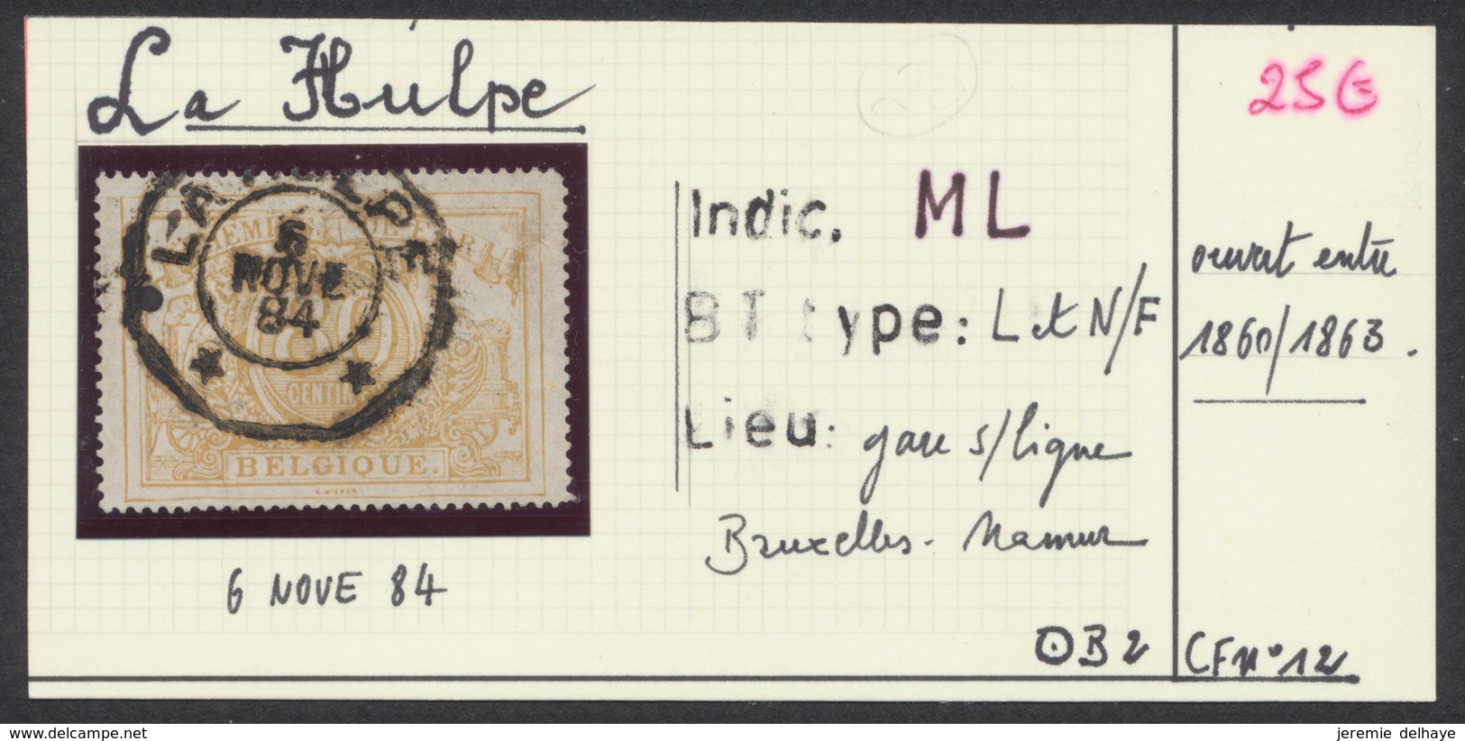 Chemin De Fer - TR12 Obl Télégraphique "La Hulpe" (1884). Ligne : Bruxelles - Namur / Telegraaf Op Spoorweg - Afgestempeld